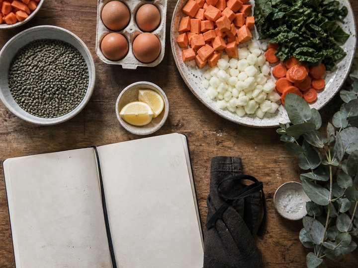 Vegetables, lentils and eggs arranged for weekday preparation