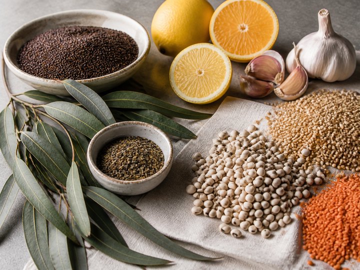 Native aromatics, citrus, grains and pulses on linen