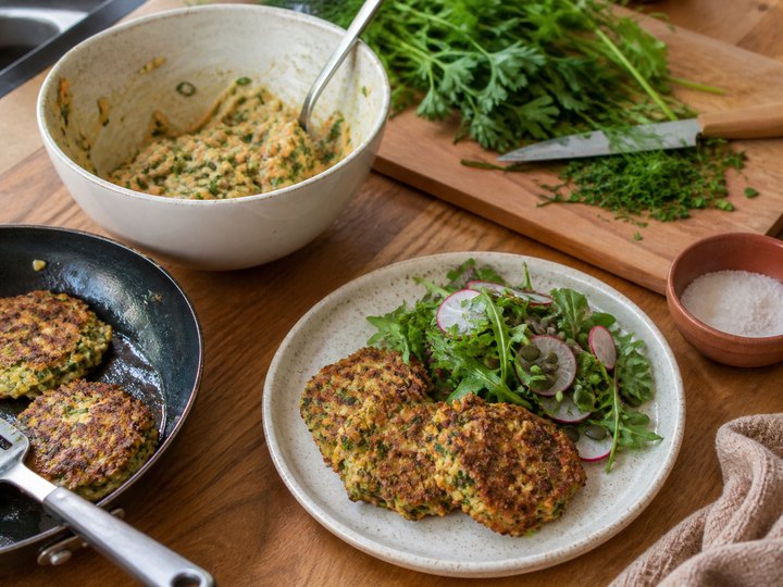 Vegetable fritters and a crisp salad prepared from leftovers
