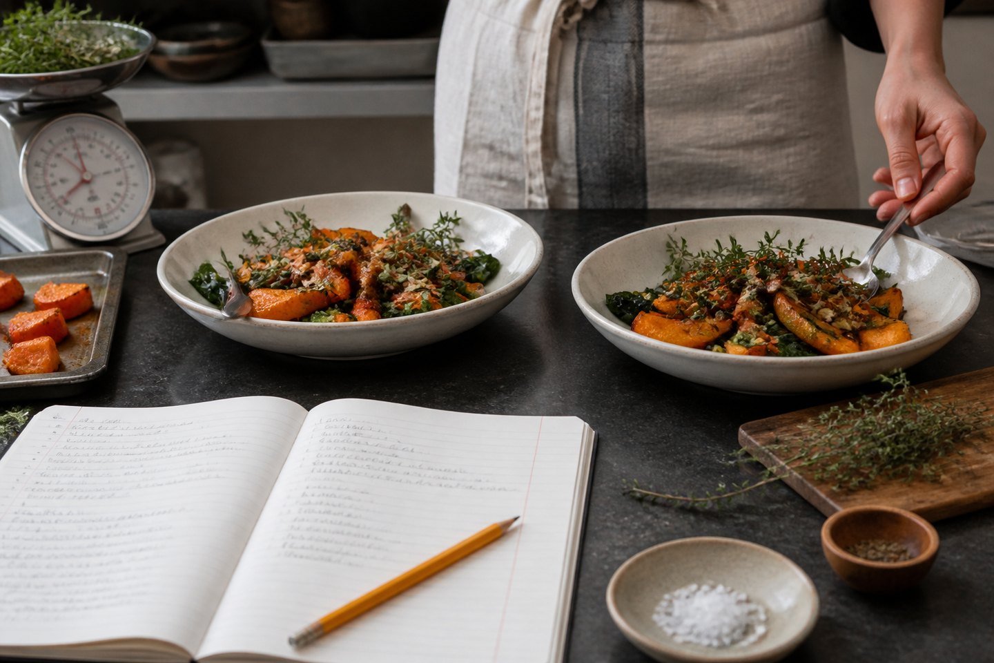 A food editor comparing two recipe tests beside a notebook